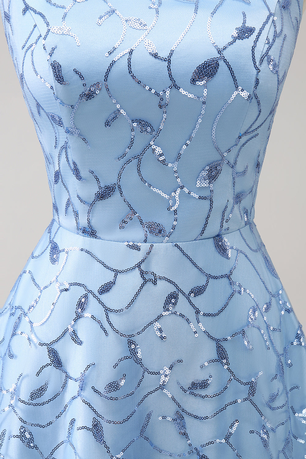 Sparkly Blue Spaghetti Straps Sequins Lace Up Back Ball Dress with Slit