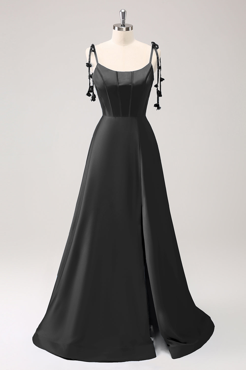 Blue A Line Spaghetti Straps Satin Floor Length Ball Dress with Slit