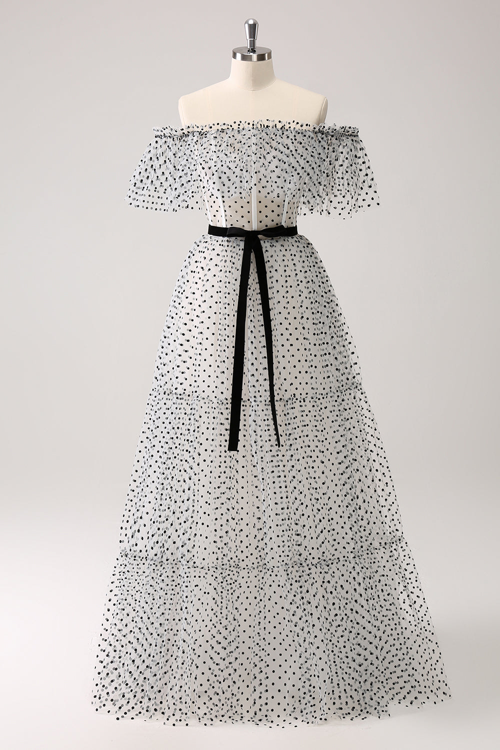 White Black A-Line Dot Off-the-Shoulder Ball Dress