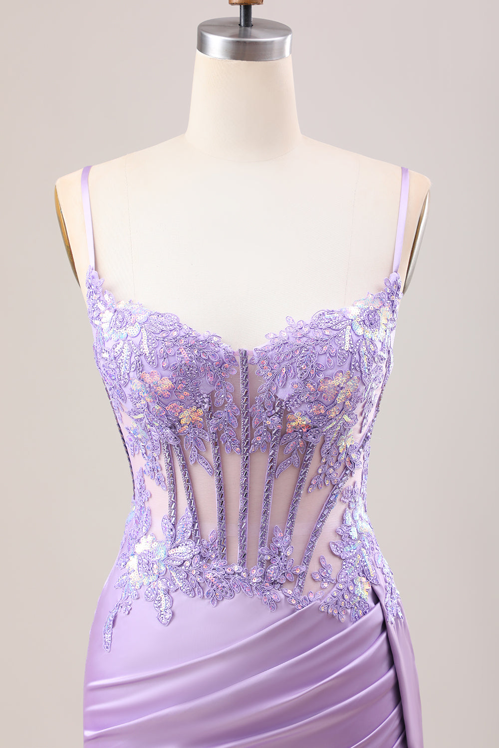 Stylish Lilac Mermaid Pleated Sequin Corset Long Ball Dress With Slit