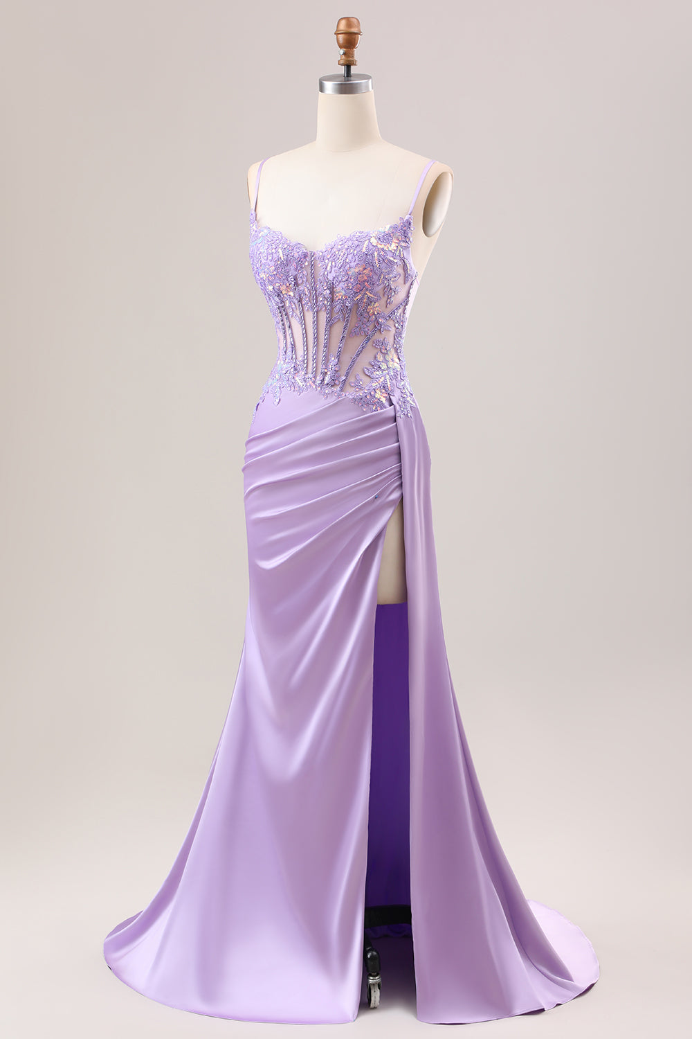 Stylish Lilac Mermaid Pleated Sequin Corset Long Ball Dress With Slit