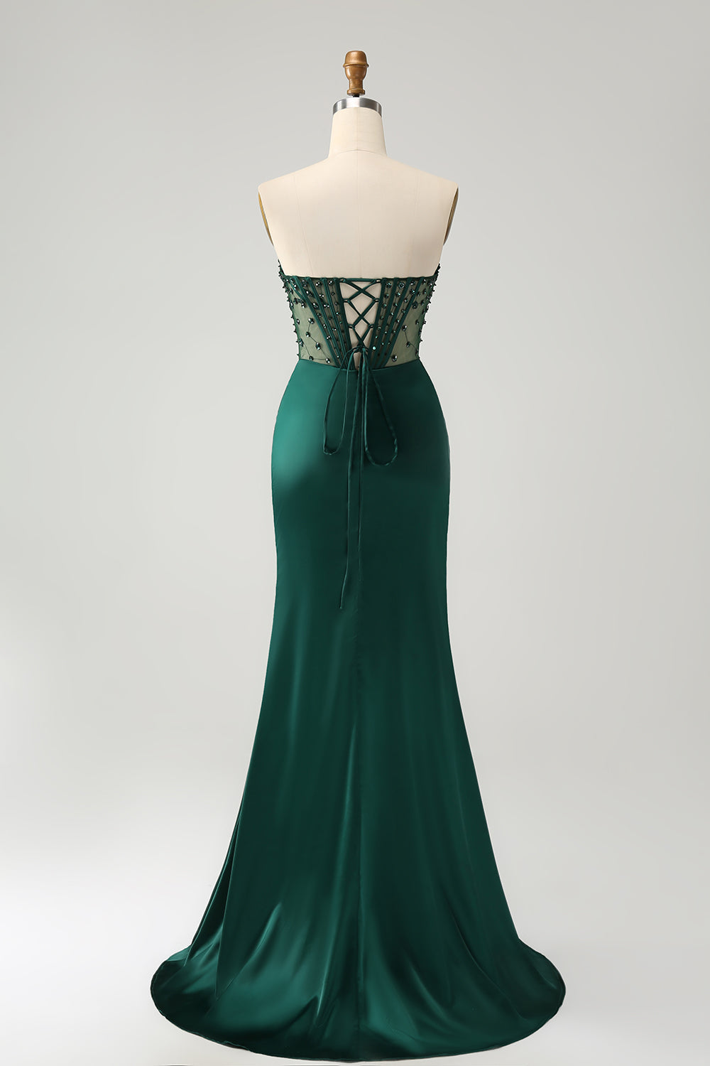 Sparkly Dark Green Mermaid Strapless Beaded Corset Long Ball Dress with Slit