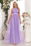 Sparkly Purple A Line Halter Long Ball Dress