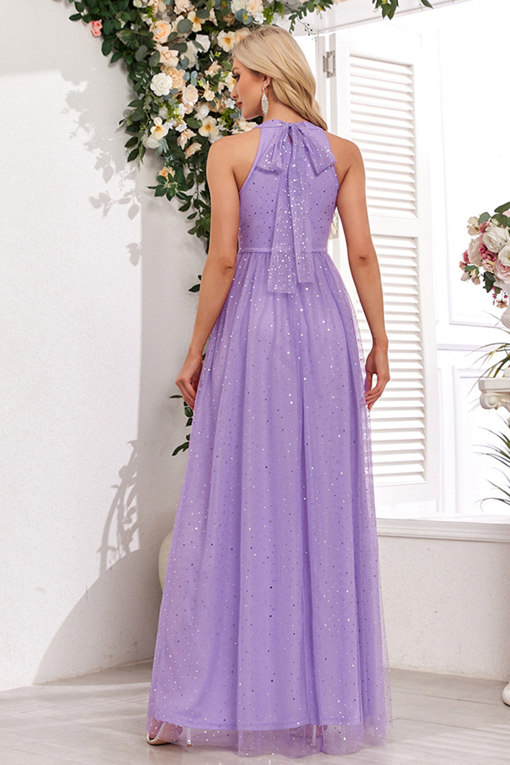 Sparkly Purple A Line Halter Long Ball Dress