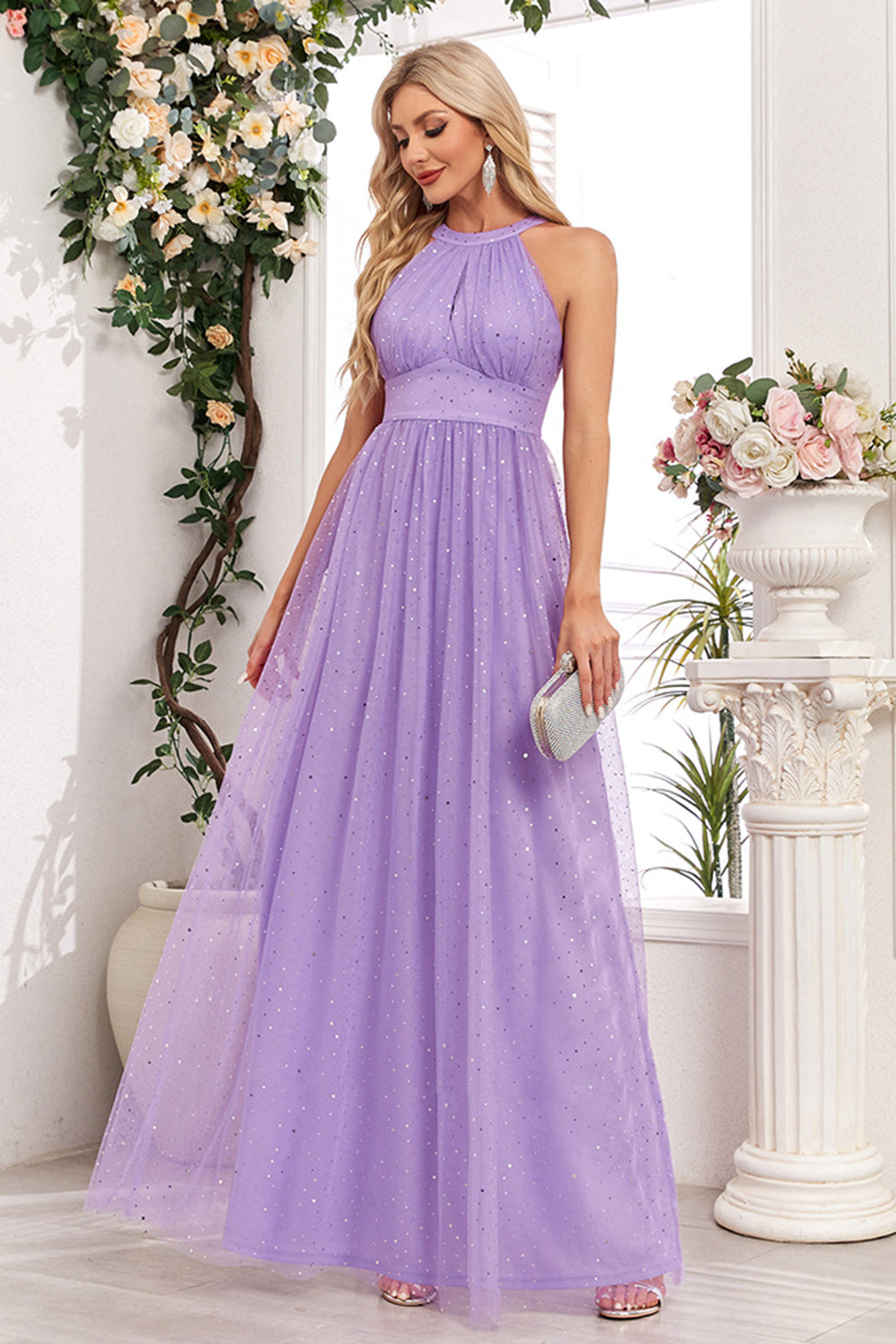 Sparkly Purple A Line Halter Long Ball Dress