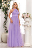 Sparkly Purple A Line Halter Long Ball Dress