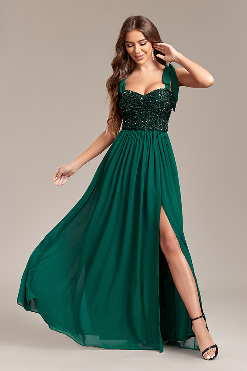 Sparkly Green Sequins Long Ball Dress With Slit