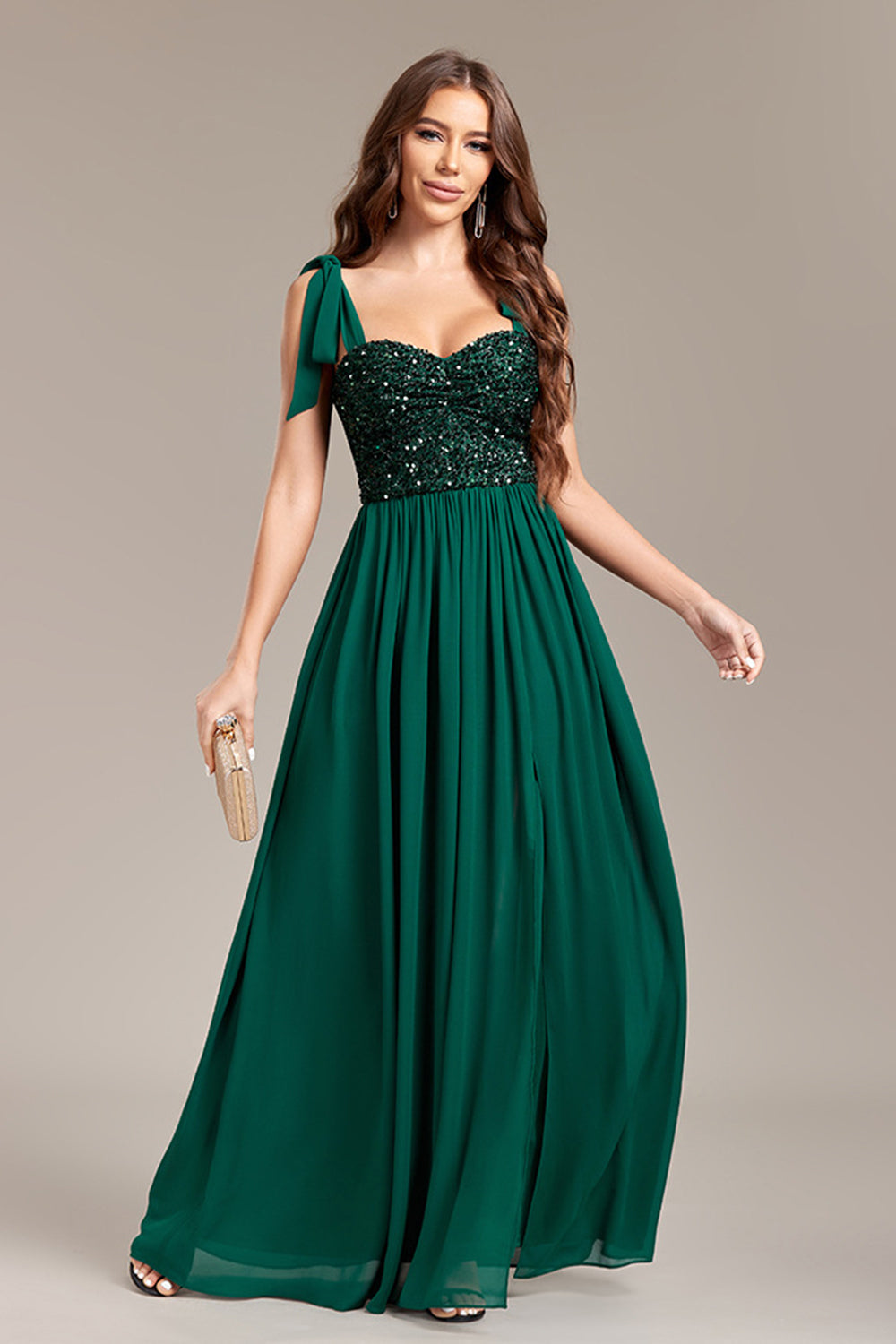 Sparkly Green Sequins Long Ball Dress With Slit