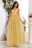 Yellow V-Neck Long Ball Dress With Appliques