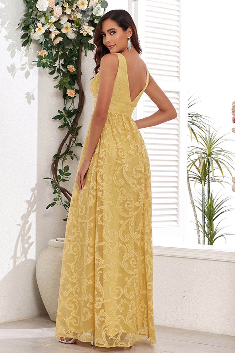 Yellow V-Neck Long Ball Dress With Appliques