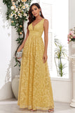 Yellow V-Neck Long Ball Dress With Appliques