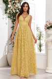 Yellow V-Neck Long Ball Dress With Appliques