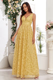 Yellow V-Neck Long Ball Dress With Appliques