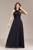 Black A Line Halter Long Ball Dress with Open Back