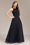 Black A Line Halter Long Ball Dress with Open Back