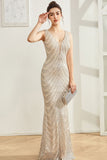Sparkly Silver Mermaid V Neck Long Ball Dress