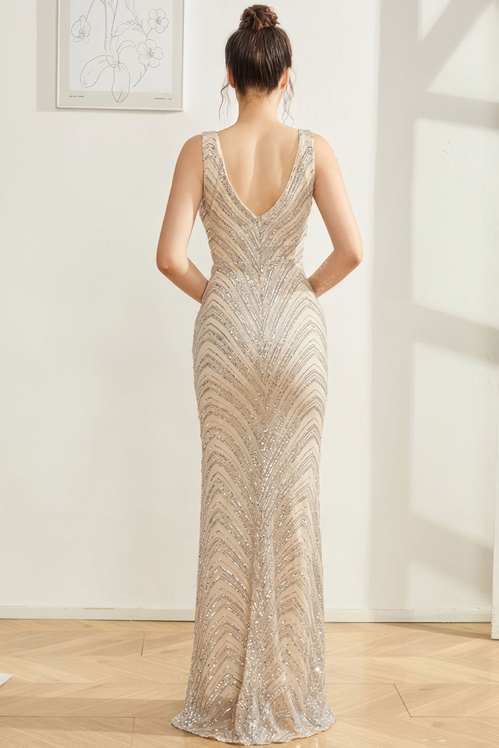 Sparkly Silver Mermaid V Neck Long Ball Dress