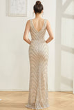Sparkly Silver Mermaid V Neck Long Ball Dress