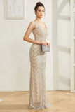Sparkly Silver Mermaid V Neck Long Ball Dress