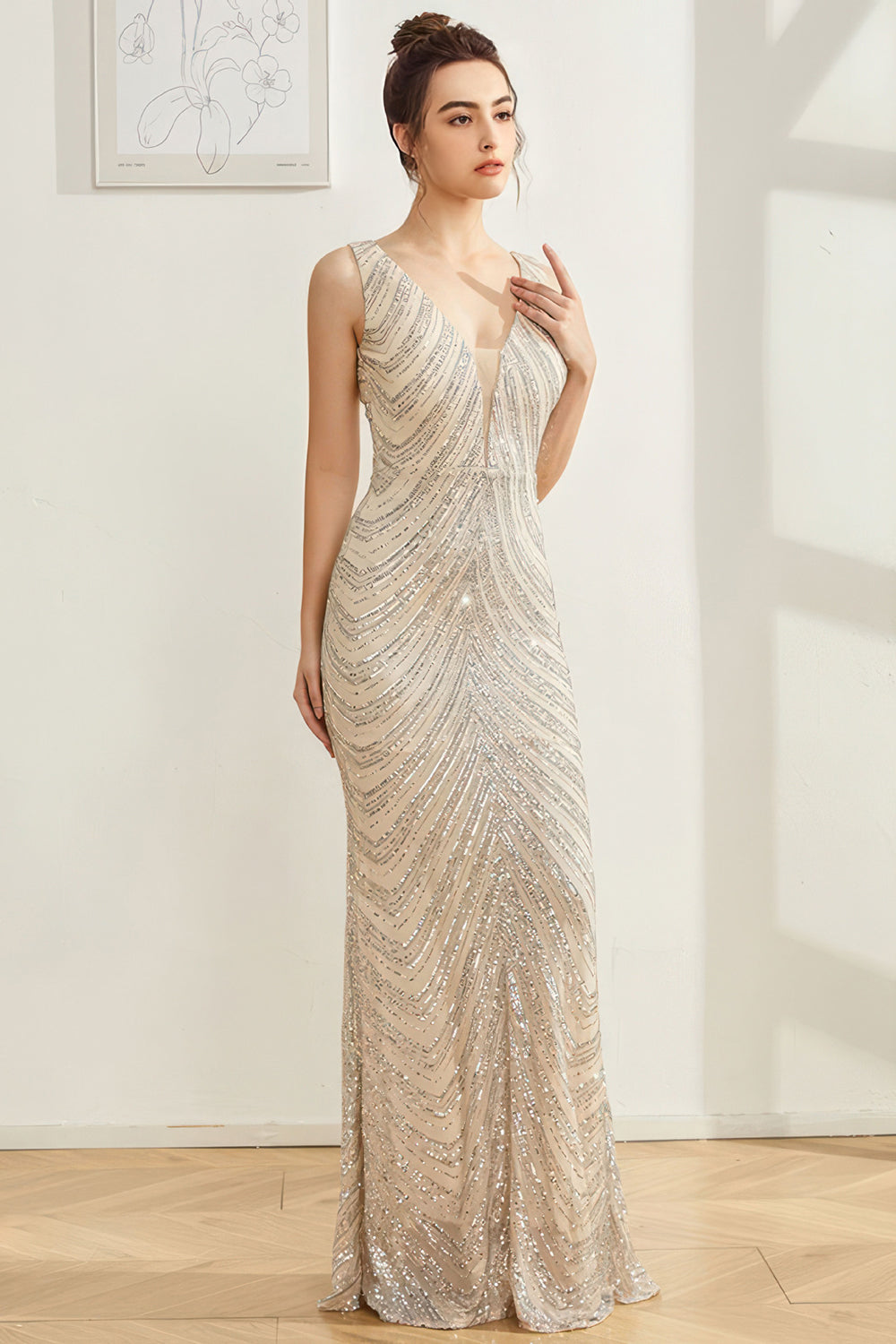 Sparkly Silver Mermaid V Neck Long Ball Dress