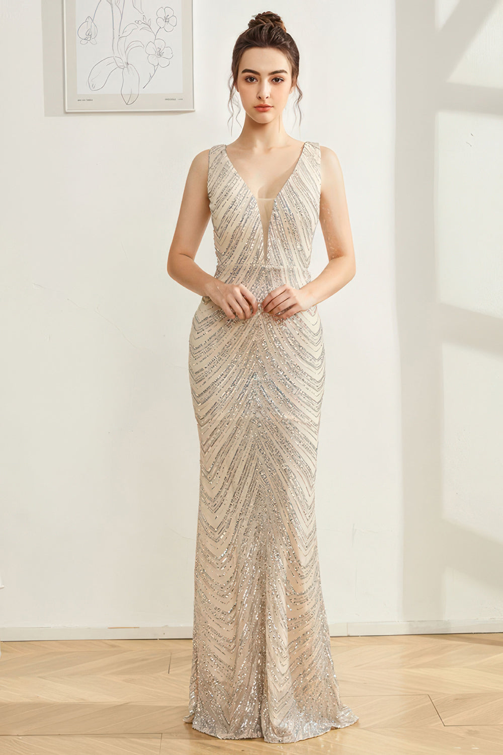 Sparkly Silver Mermaid V Neck Long Ball Dress