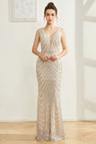 Sparkly Silver Mermaid V Neck Long Ball Dress