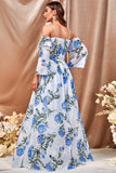 White Blue Flower A Line Long Ball Dress with Ruffled Sleeves