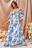 White Blue Flower A Line Long Ball Dress with Ruffled Sleeves
