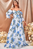 White Blue Flower A Line Long Ball Dress with Ruffled Sleeves
