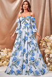 White Blue Flower A Line Long Ball Dress with Ruffled Sleeves