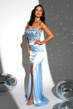 Sparkly Blue Strapless Mermaid Long Ball Dress with Slit