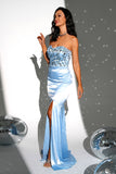 Sparkly Blue Strapless Mermaid Long Ball Dress with Slit