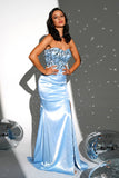 Sparkly Blue Strapless Mermaid Long Ball Dress with Slit