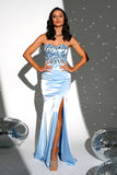 Sparkly Blue Strapless Mermaid Long Ball Dress with Slit