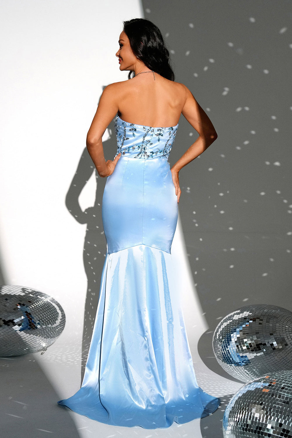 Sparkly Blue Strapless Mermaid Long Ball Dress with Slit