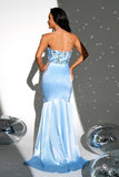 Sparkly Blue Strapless Mermaid Long Ball Dress with Slit