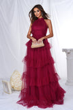 Burgundy Halter Tiered Tulle A Line Long Ball Dress