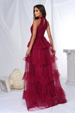 Burgundy Halter Tiered Tulle A Line Long Ball Dress