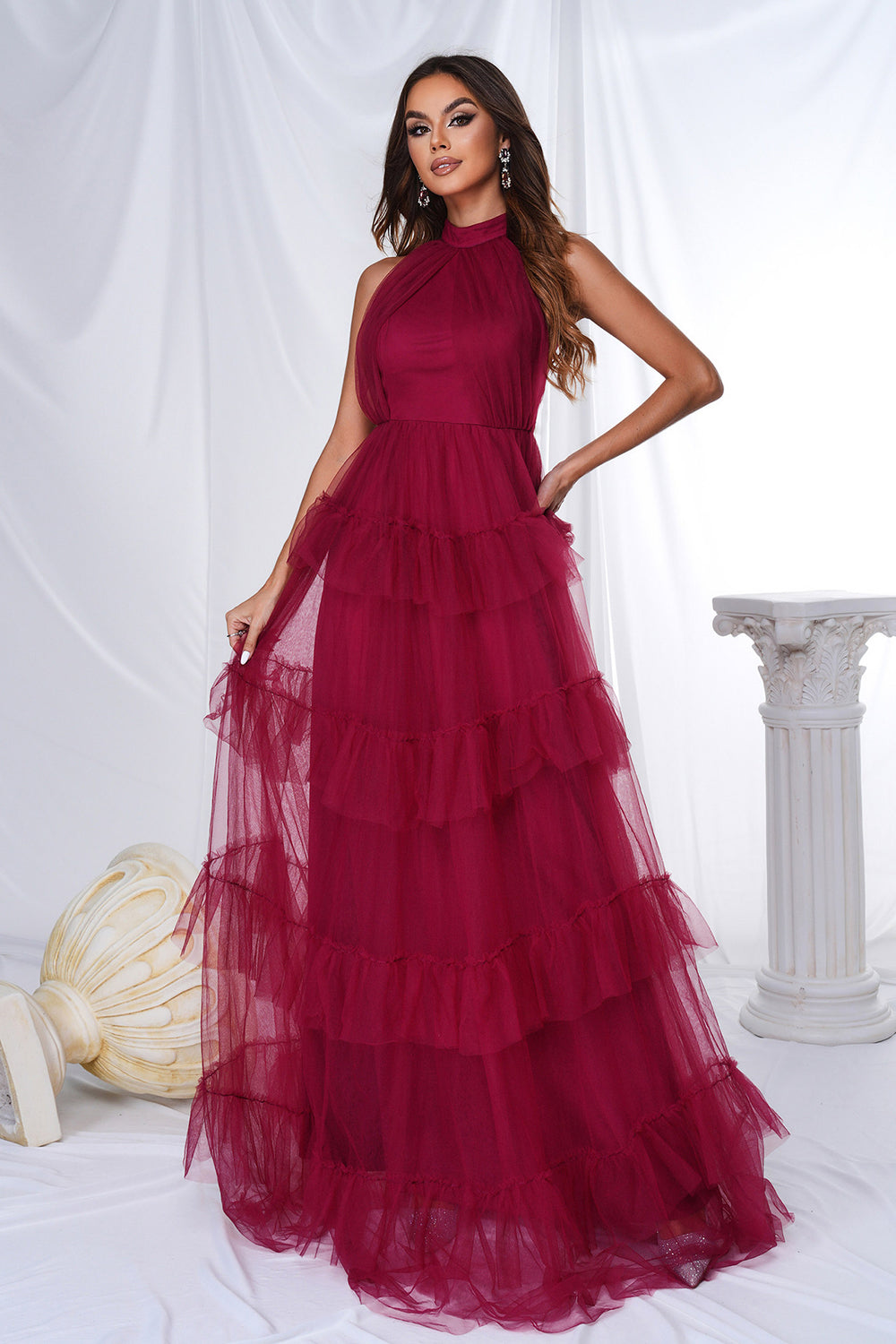 Burgundy Halter Tiered Tulle A Line Long Ball Dress