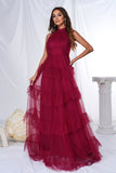Burgundy Halter Tiered Tulle A Line Long Ball Dress