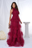 Burgundy Halter Tiered Tulle A Line Long Ball Dress