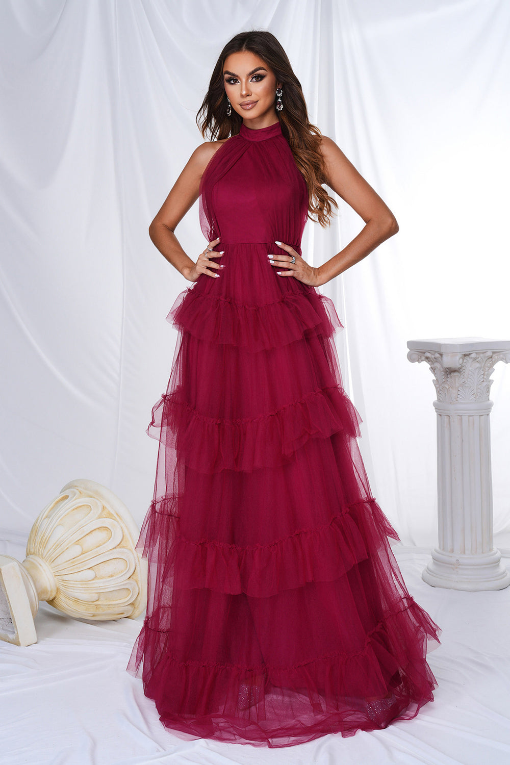 Burgundy Halter Tiered Tulle A Line Long Ball Dress