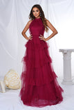 Burgundy Halter Tiered Tulle A Line Long Ball Dress