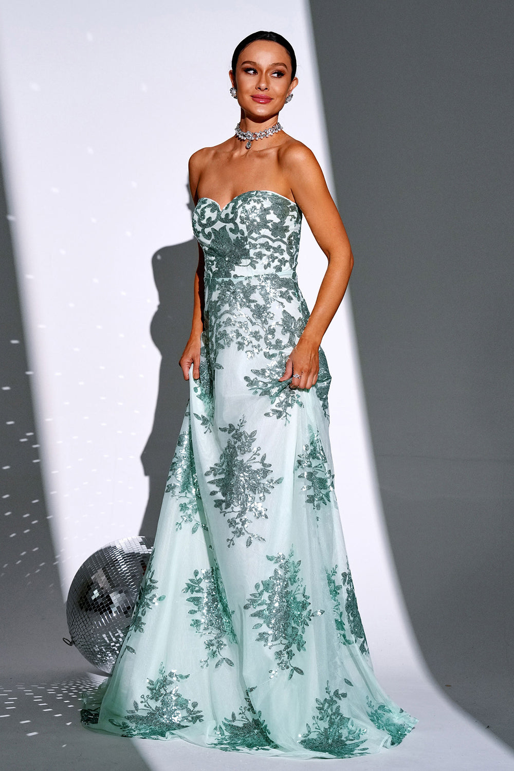 Sparkly Green A Line Sweetheart Long Ball Dress