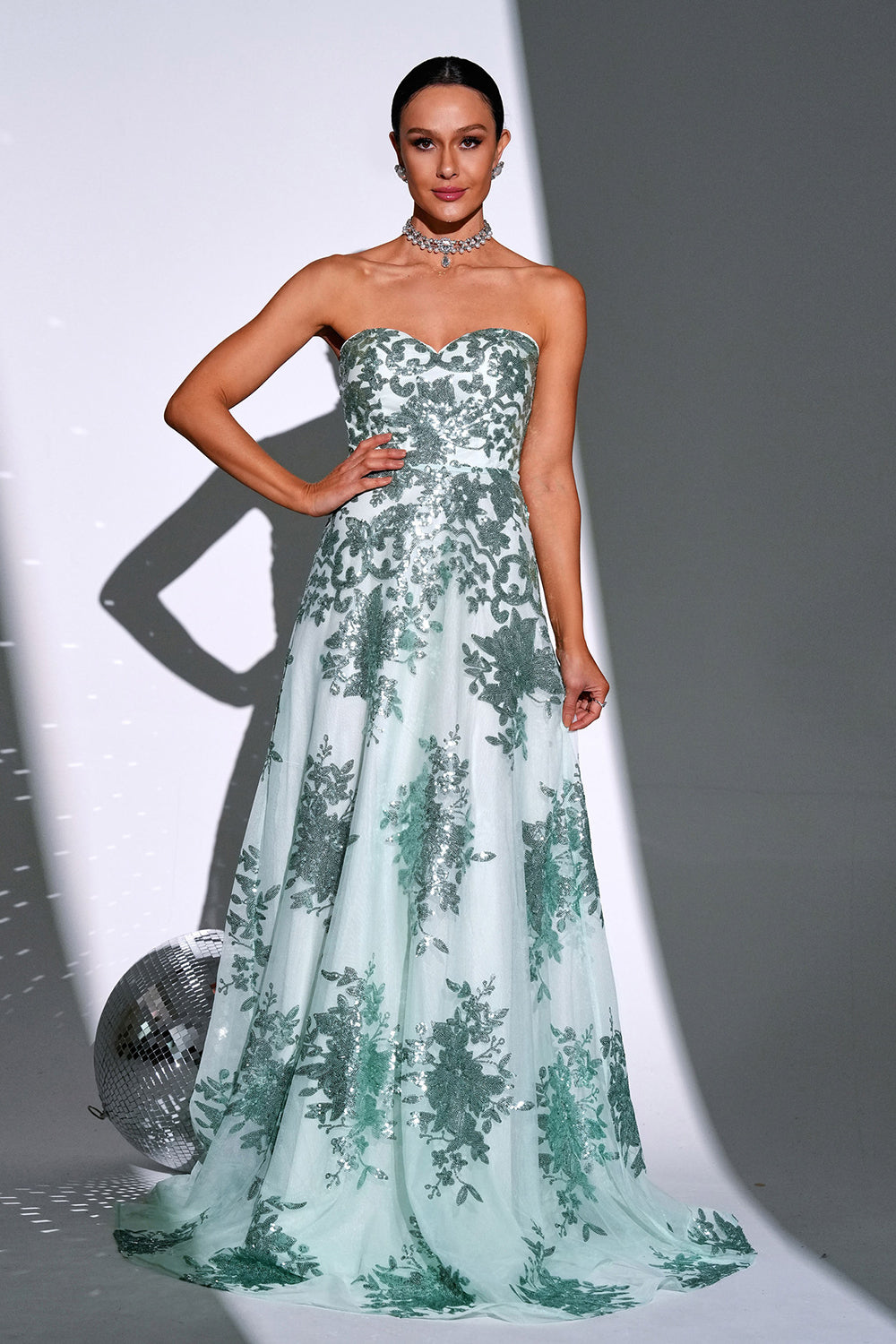 Sparkly Green A Line Sweetheart Long Ball Dress