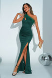 Mermaid Green One Shoulder Long Ball Dress with Slit