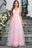 Sparkly Pink A Line V-Neck Ball Dress