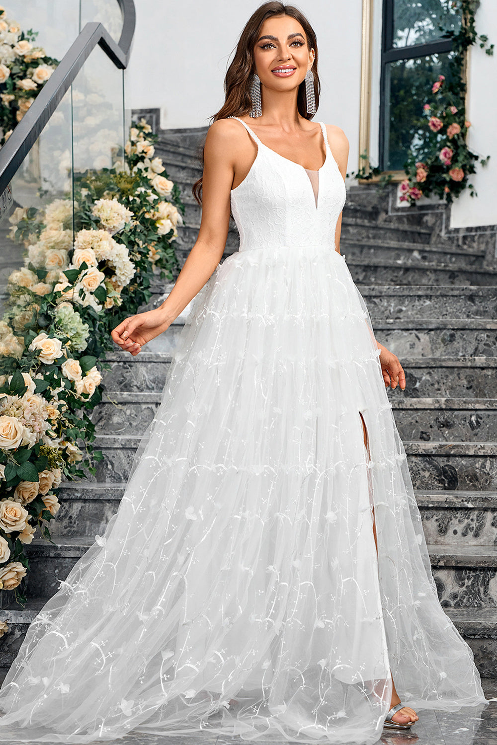 White A Line V Neck Tulle Long Ball Dress with Slit