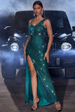 Sparkly Dark Green Mermaid Sequin Fringed Ball Dress with Slit