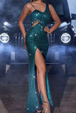Sparkly Dark Green Mermaid Sequin Fringed Ball Dress with Slit